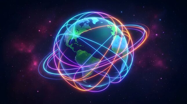 Planet Earth surrounded by glowing neon communication orbit rings in deep space