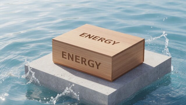 Box with Energy Concept on Concrete Block Floating in Water