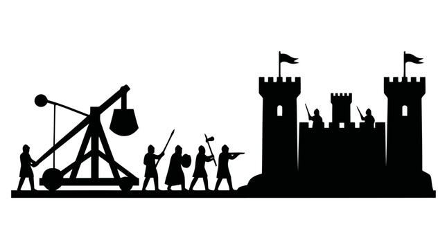 Silhouette illustration of medieval soldiers preparing to launch a siege weapon against a castle in a graphic design style