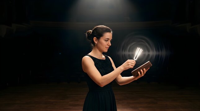 Musician striking a tuning fork to test pitch on a dark concert stage