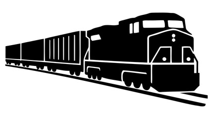 A black and white graphic illustration of a powerful diesel locomotive pulling a long train of freight cars on a railway track. © Vectscape