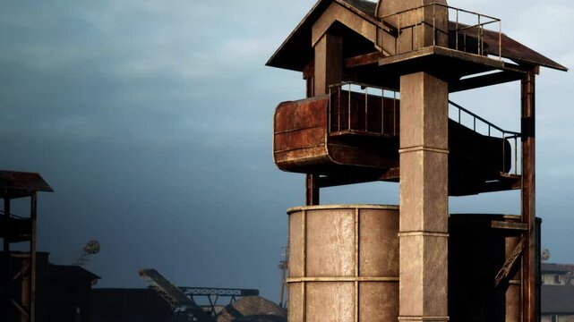A tall structure stands at an industrial area with rusty metal walls. The setting is during the afternoon, and a dark sky is visible beyond the site.