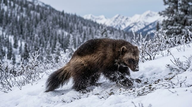 Wolverine walking on a snow-covered mountain slope animal wildlife