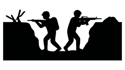 Obraz premium Black silhouette vector illustration of two army soldiers holding rifles while standing inside a trench during a combat mission on the front lines