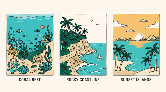 Stylized vector illustration set featuring underwater coral reefs rocky coastal cliffs and tropical island sunset scenes for creative design projects