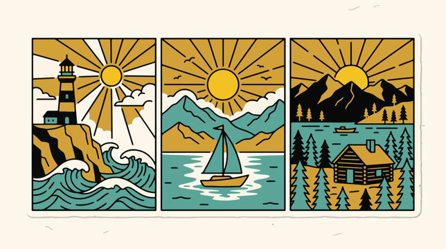 Decorative vector graphic set displaying three distinct landscape scenes featuring a lighthouse ocean sailboat mountains forest cabin and bright sun