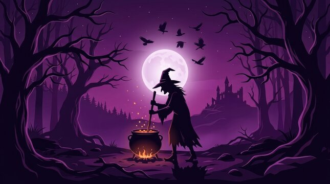 Silhouette of a mysterious witch stirring a glowing magical cauldron inside a dark spooky purple forest