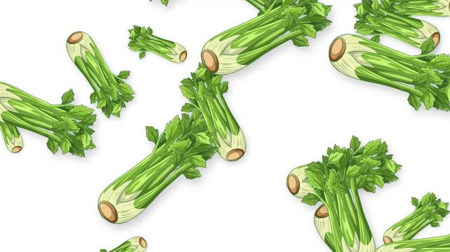 Fresh Celery Stalks Falling and Rotating on a White Background