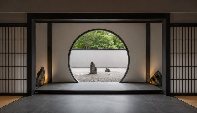 Japanese zen garden viewed through circular window in minimalist interior
