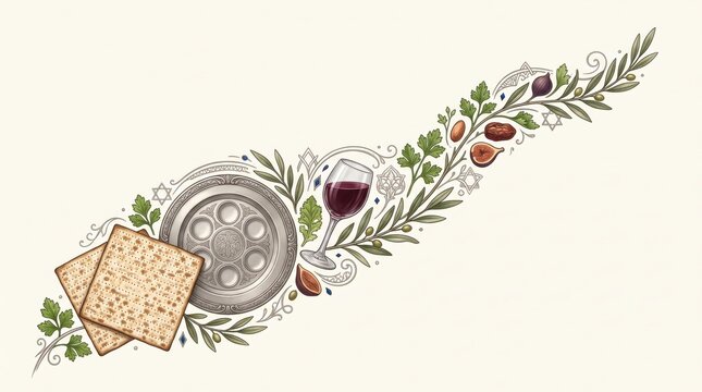 Passover seder plate with matzah, wine glass, and decorative foliage, featuring traditional jewish symbols and organic on a cream background