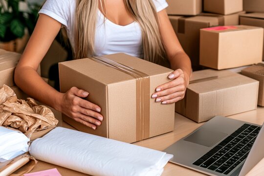 Woman packaging parcel for e commerce small business shipping