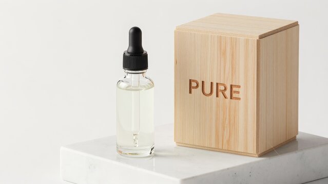 Essential Oil Dropper Bottle with Wooden Box on Marble Surface