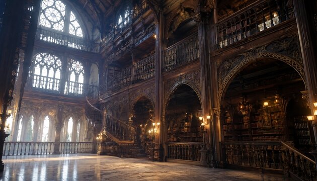 Ornate gothic library interior with grand wooden staircase
