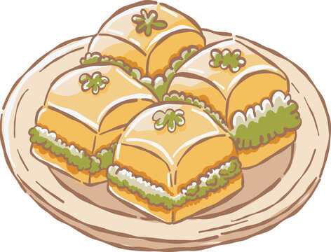Delicious Turkish Baklava pastry dessert on plate vector illustration isolated for Eid celebration and Middle Eastern food menu