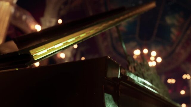 A guitar rests on a stage with warm lights creating a bright atmosphere. People enjoy the music in a concert hall during a lively evening event.