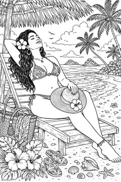 A relaxed young woman rests beneath a palm shelter holding a sunhat, surrounded by flowers, sandals, shells, and calm tropical water in detailed line art.