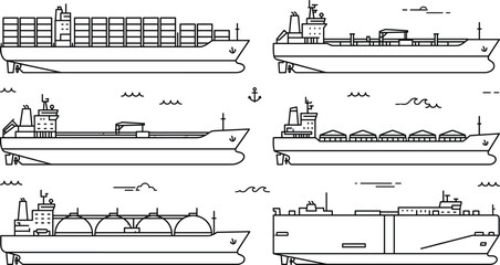 Cargo ship vector icon set featuring container vessels bulk carriers tankers and freight transport ships for marine logistics © MD