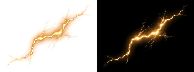 Naklejka premium Thunder Bolt glowing golden electric strike branching across black background including PNG, Transparent and Black Background Versions for dramatic designs