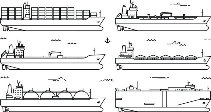 Cargo ship vector icon set featuring container vessels bulk carriers tankers and freight transport ships for marine logistics
