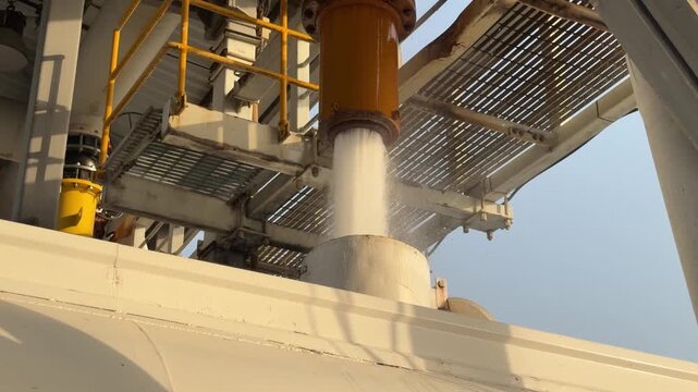 An industrial tanker fills from a high‑pressure overhead pipe at a refilling bay near EGA in Dubai&rsquo;s logistics zone.