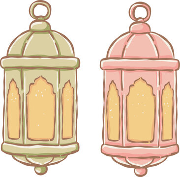 Cute pastel Islamic lanterns Fanous vector illustration set isolated for Ramadan and Eid Mubarak decoration