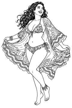 A laughing curvy woman opens a flowing patterned shawl over her bikini, creating a lively bohemian beach fashion scene rendered in elegant monochrome line art.