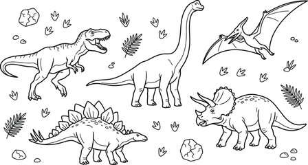 Dinosaurs prehistoric wildlife vector line art collection featuring tyrannosaurus rex brachiosaurus triceratops stegonaurus pterodactyl tracks and primitive ferns © MD