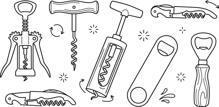 Corkscrew vector icon set featuring wing corkscrews sommelier knives pocket bar tools and classic bottle openers for wine
