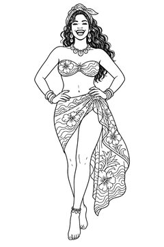 A joyful woman with curly hair and tropical accessories stands hands-on-hips in a floral bikini and sarong, captured in lively monochrome line art for holiday themes.