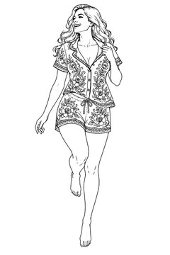 A happy young woman poses in a coordinated floral pajama set, creating a playful and feminine fashion illustration with crisp black outlines and generous clean space around her.