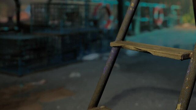 A ladder rests against a structure at a construction site in a busy urban area. Surrounding debris and unfinished materials add to the scenes industrial feel.