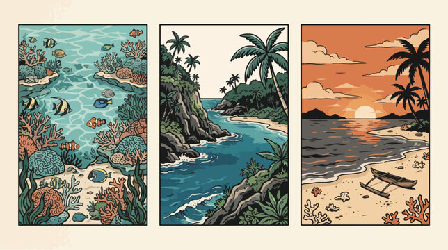 Tropical island beach landscapes vector illustration set showcasing vibrant coral reefs rocky cliffs and scenic golden sunsets by the ocean