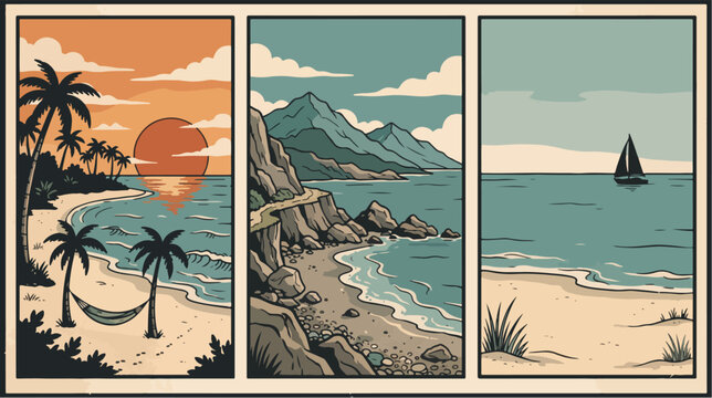 Coastal beach travel poster set featuring vintage inspired vector illustrations of tropical sunsets rocky mountain cliffs and serene sailing boats