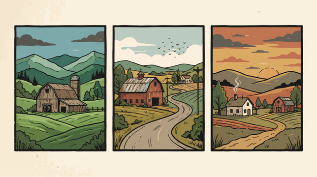 Three vertical landscape panels featuring rustic farm buildings and rolling hills presented in a clean stylized vector graphic art style