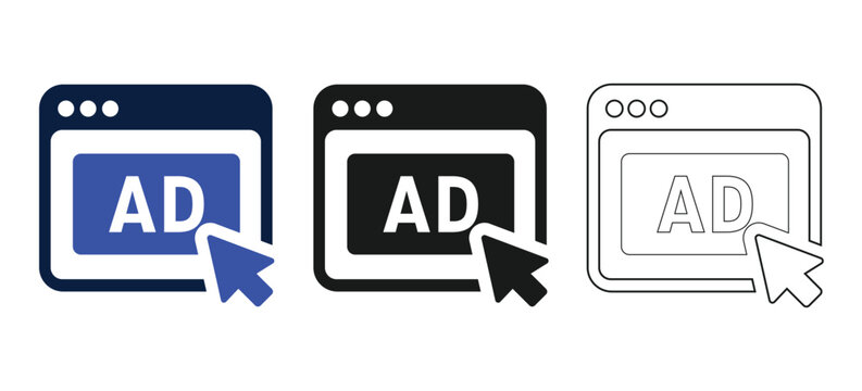 Digital Advertising Icon, Online AD Banner Browser Click, Pay Per Click Web Marketing Symbol, Internet Vector Icon