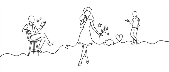 Obraz premium Premium continuous line drawing of a woman standing between two men, one reading a book and the other gesturing, symbolizing choice and relationships