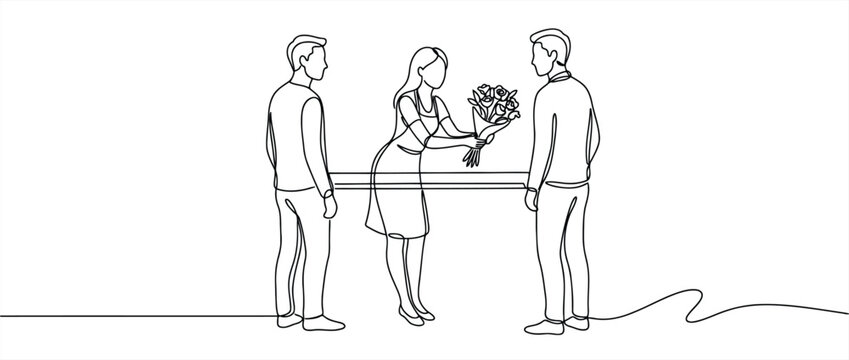 Premium continuous line drawing of a woman handing a bouquet of flowers to a man while another man watches, representing a love triangle