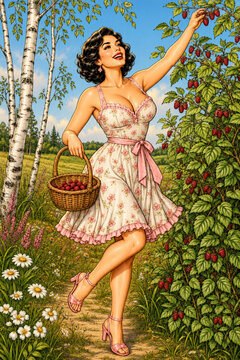 A radiant dark-haired gatherer reaches for ripe berries while holding a woven basket, set on a flower-filled woodland trail in a bright, nostalgic storybook style.