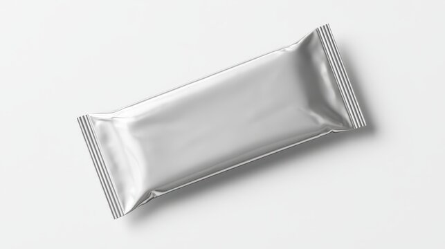 A shiny silver foil snack bar wrapper lies diagonally, isolated on white background. Perfect for food packaging and candy design mockups.