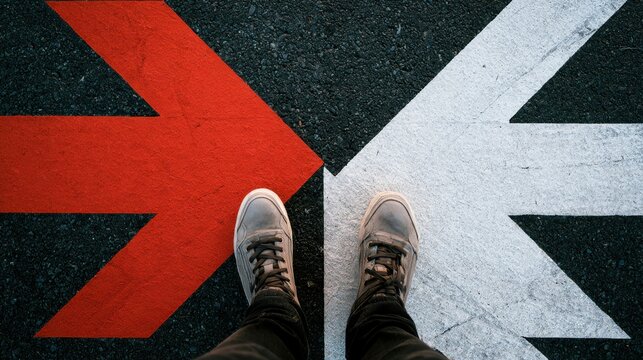 Overhead view of feet standing on asphalt ground with bold red and white arrow markings pointing in opposite directions representing choice and decision making concept