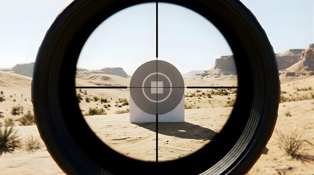 Target sighted through rifle scope in desert landscape for precision aim