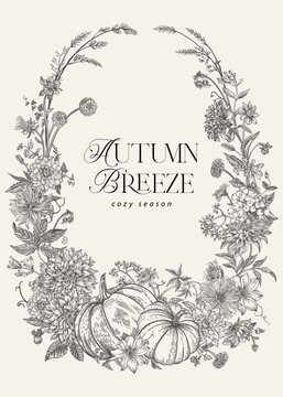Vintage autumn wreath frame featuring pumpkins, flowers, herbs. Engraving style.  Black and white. Perfect for Thanksgiving, harvest festival invitations, greeting cards, seasonal decorations.