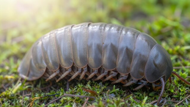 Close-Up of an Isopod on Green Natural Environment in Soft Light