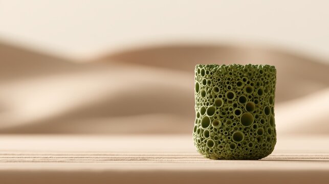 A green porous cylinder structure stands on a sandy surface with soft blurred background lighting. Ideal for biotechnology and biomaterial research presentations.