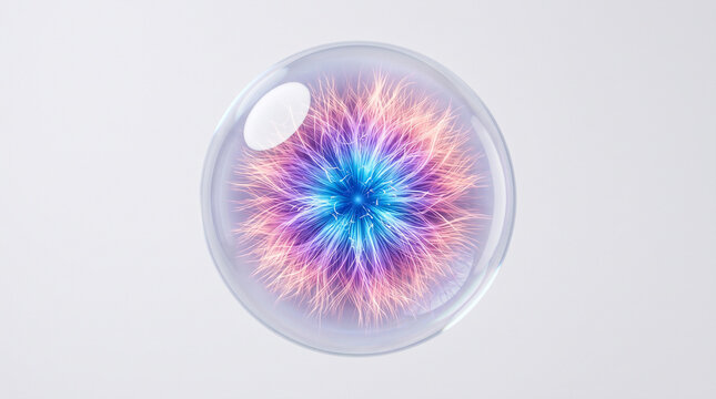 Abstract glowing energy sphere with vibrant blue and pink light filaments inside a transparent bubble isolated on white background