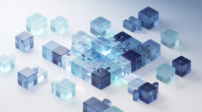 Blue translucent puzzle cubes connecting together to form a complex structure, representing teamwork, problem solving, and innovative business solutions
