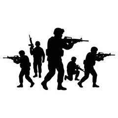 Obraz premium Professional vector illustration depicting a tactical group of armed soldiers standing in formation ready for a combat mission during a military training exercise