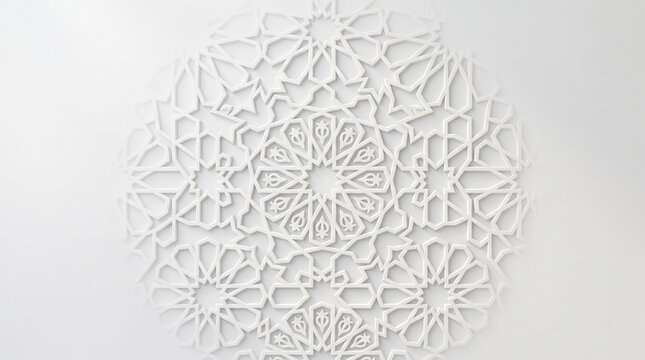 Intricate white 3d geometric islamic pattern, circular ornamental mandala design with traditional arabesque motifs, isolated on white background