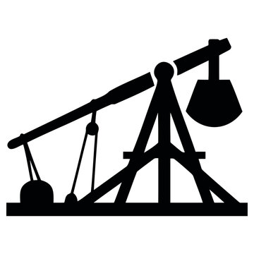 Silhouette vector illustration of a historical counterweight trebuchet siege weapon ready to launch a projectile with dramatic impact