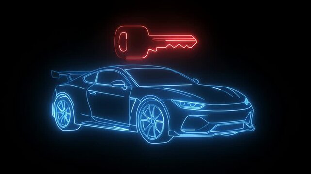 Neon blue sports car with glowing red key above